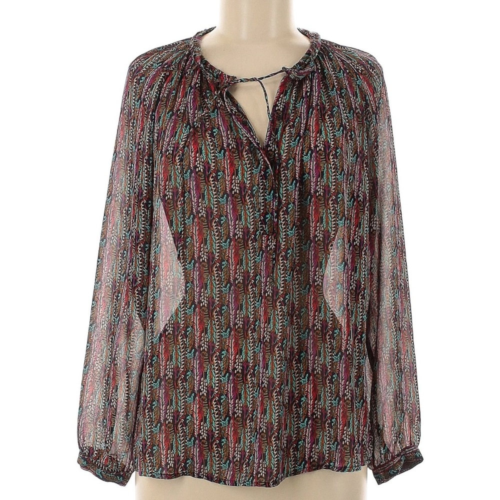 🧋TK Stitch Fix semisheer blouse leaves feathers tie front blue red small petite